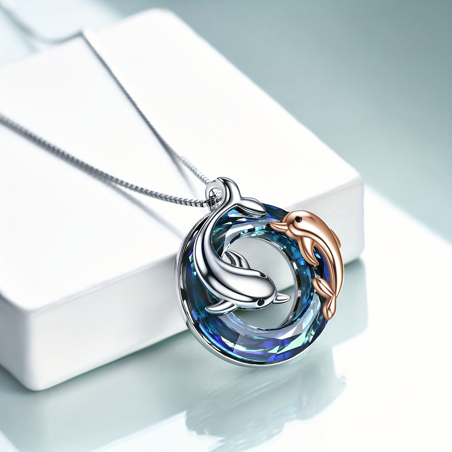 Dolphin Necklace with Blue Crystals, Gift for Sisters